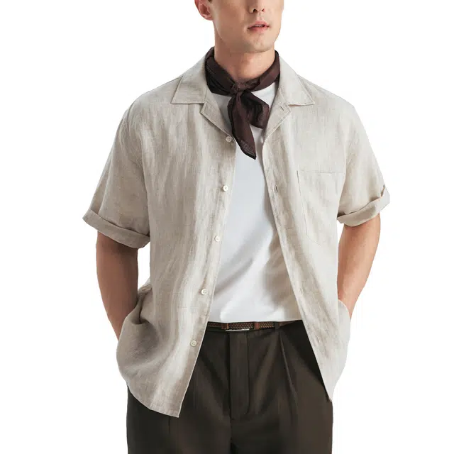 丹宁哲学 夏威夷海滩高档舒适透气雨露亚麻短袖衬衫 男款