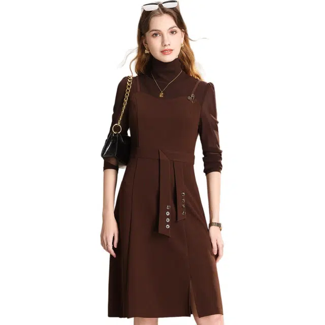粉红玛琍 高领简约舒适休闲长袖连衣裙 女款 咖啡色