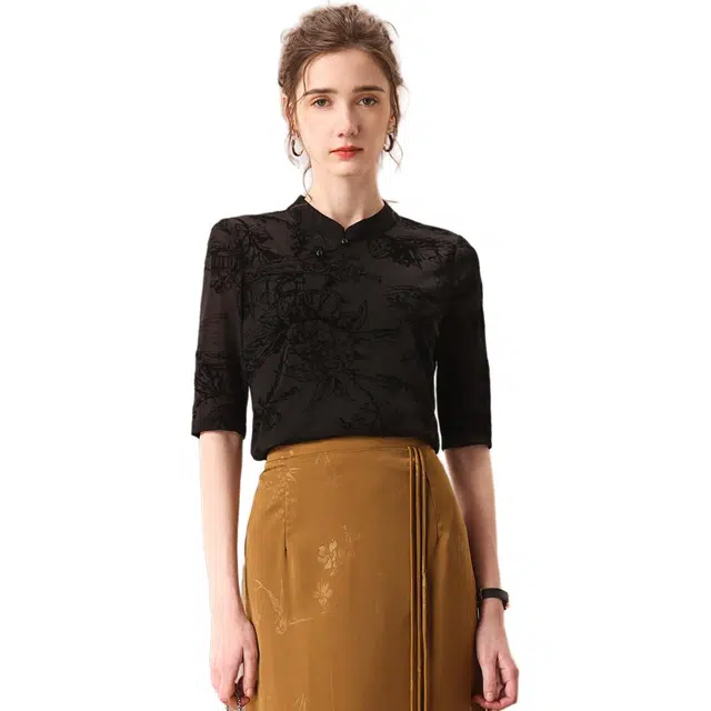 粉红玛琍 立领简约舒适五分袖衬衫 女款 黑色