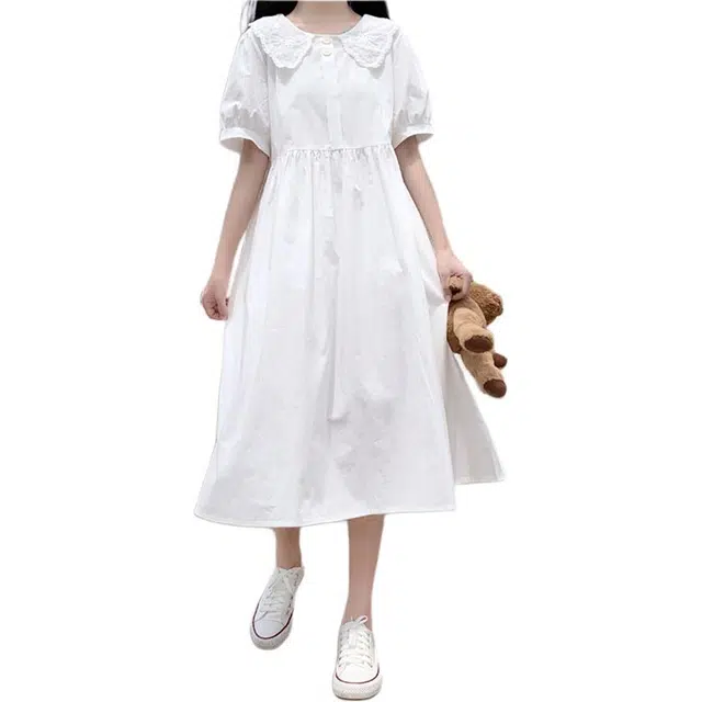 黛尔佳人 泡泡袖中长款森系气质小裙子短袖连衣裙 女款