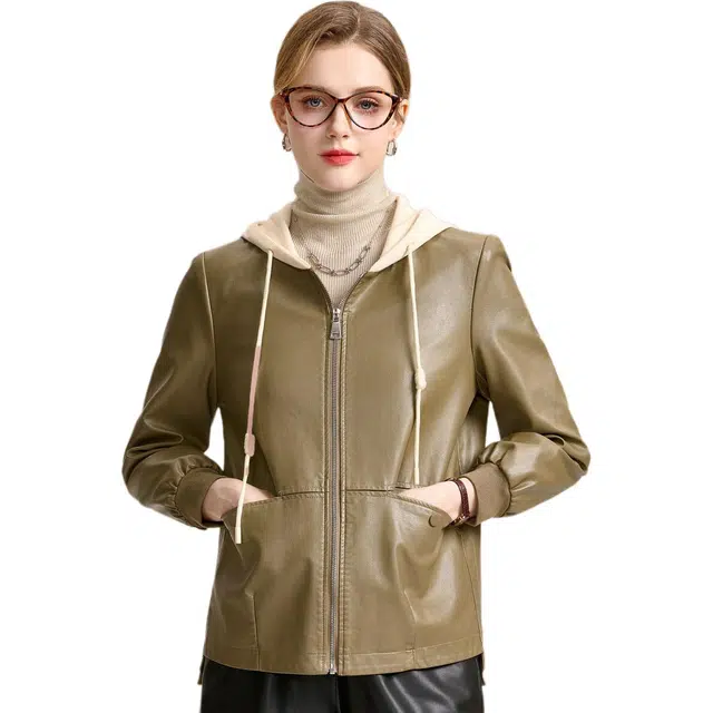 粉红玛琍 纯色时尚休闲连帽拉链长袖夹克外套 女款 卡其