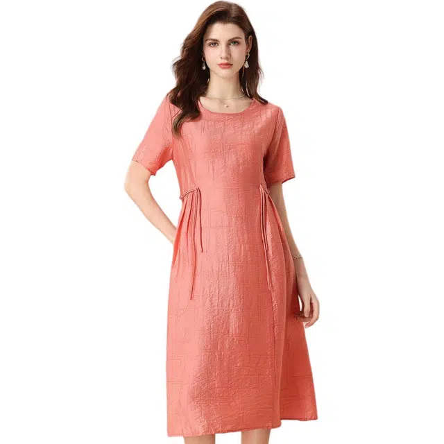 粉红玛琍 圆领纯色高腰短袖连衣裙 女款 粉色