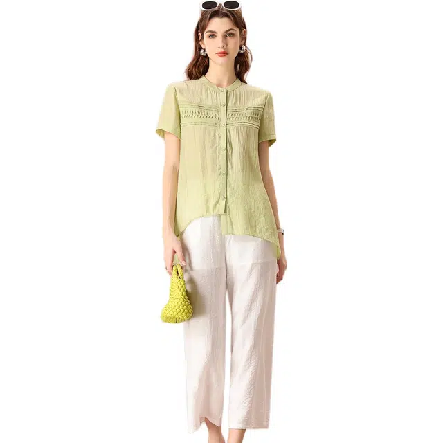 粉红玛琍 纯色宽松圆领短袖衬衫高腰阔腿长裤休闲套装 女款 绿色