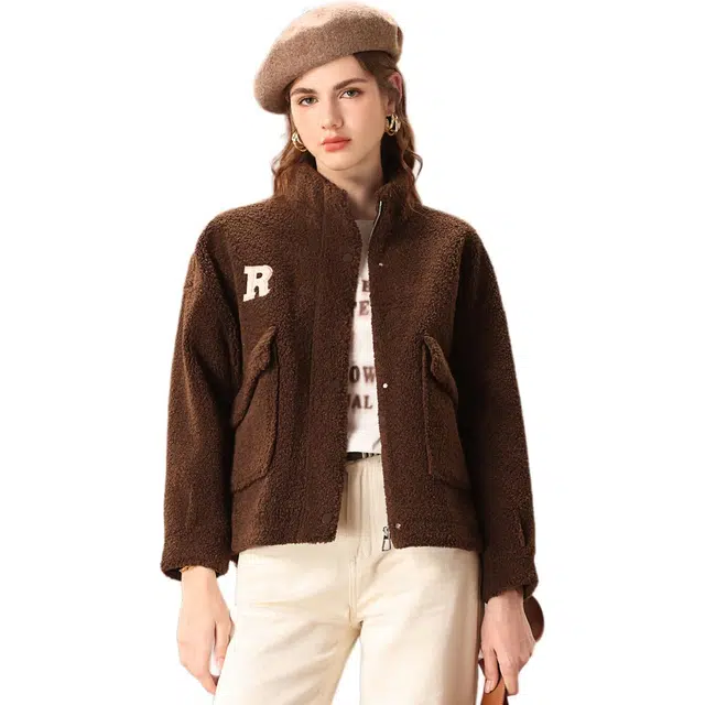 粉红玛琍 字母印花宽松拉链舒适休闲长袖绒感外套 女款 咖色