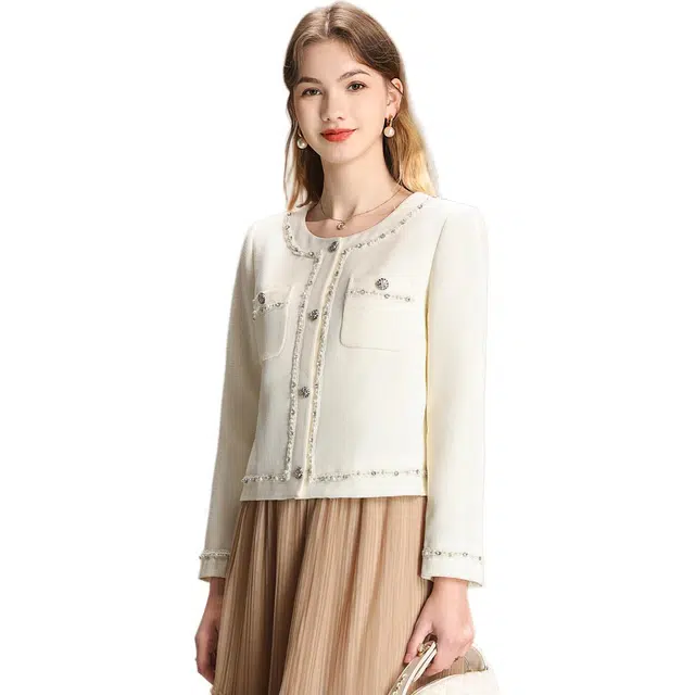 粉红玛琍 简约圆领短款纯色夹克外套 女款 杏色