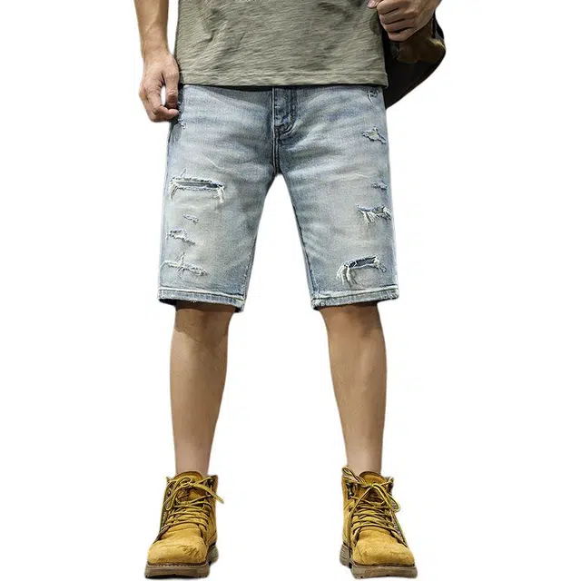 前进牛 美式复古高级感破洞轻奢水洗磨白刮烂五分直筒裤子牛仔短裤 男款