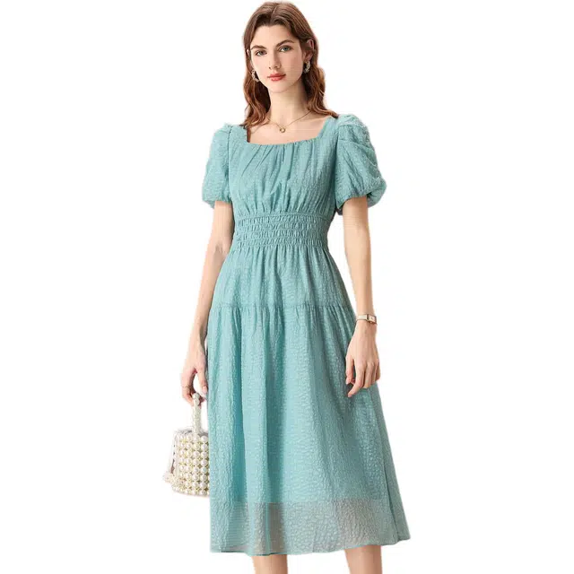 粉红玛琍 纯色舒适方领短袖连衣裙 女款 蓝色