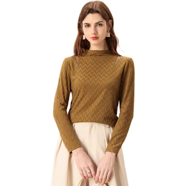 粉红玛琍 提花半高领修身长袖纯色套头针织衫 女款 柳黄