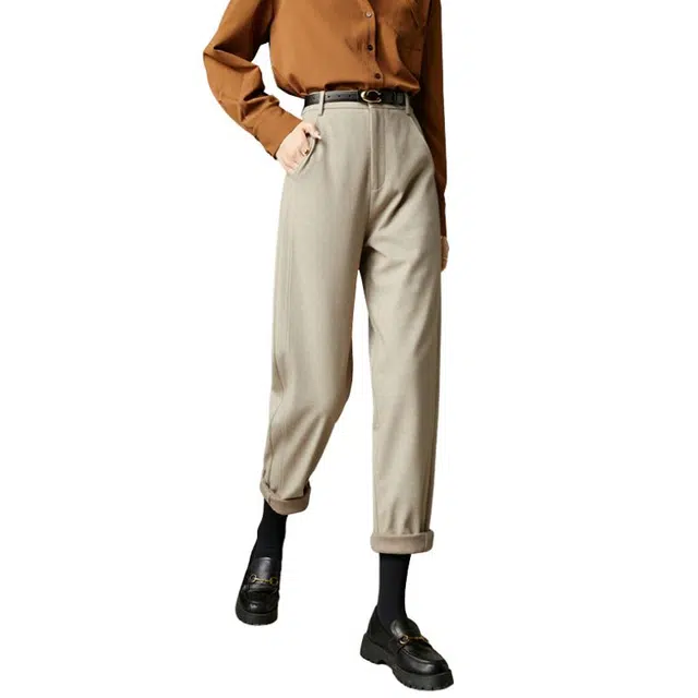 晚白 高腰版型加厚毛呢有弹力直筒裤口休闲裤 女款 燕麦色