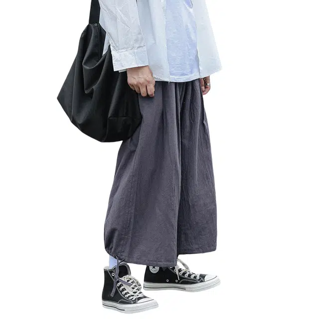 哲源 新中式复古简约纯色潮流时尚宽松百搭阔腿系带九分休闲裤 男女同款
