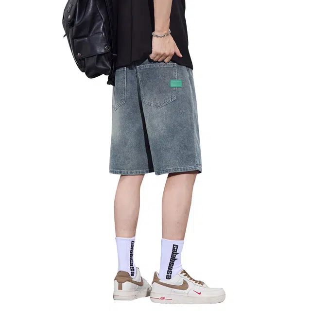 协协乐 潮流薄款美式宽松五分中腰学院风牛仔短裤 男女同款