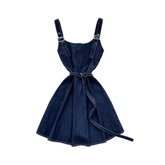 敲模女孩 甜酷风纯欲背带美式甜美背心收腰牛仔吊带连衣裙 女款