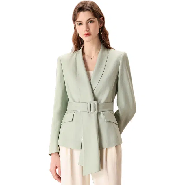 粉红玛琍 不规则纯色长袖合身西装 女款 绿色