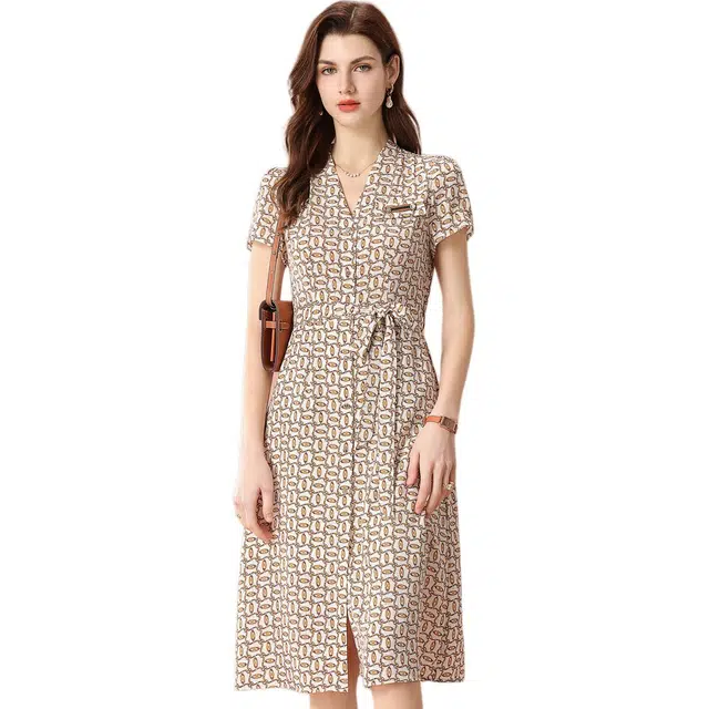 粉红玛琍 满印中长款薄款舒适短袖连衣裙 女款 咖啡色