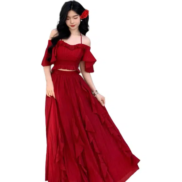 黛尔佳人 度假风复古高级花朵短款上衣气质荷叶边长款半身裙裙装套装 女款