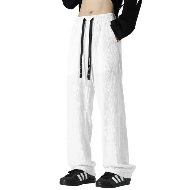 顶峰保罗 无性别主义垂感薄款美式高街运动宽松直筒阔腿长裤时尚百搭亲肤透气设计感系带休闲裤 男女同款