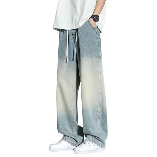 顶峰保罗 渐变冰丝水洗做旧抽绳大码薄款宽松直筒无性别主义长裤垂感凉感时尚百搭设计感潮牌痞帅牛仔裤 男女同款