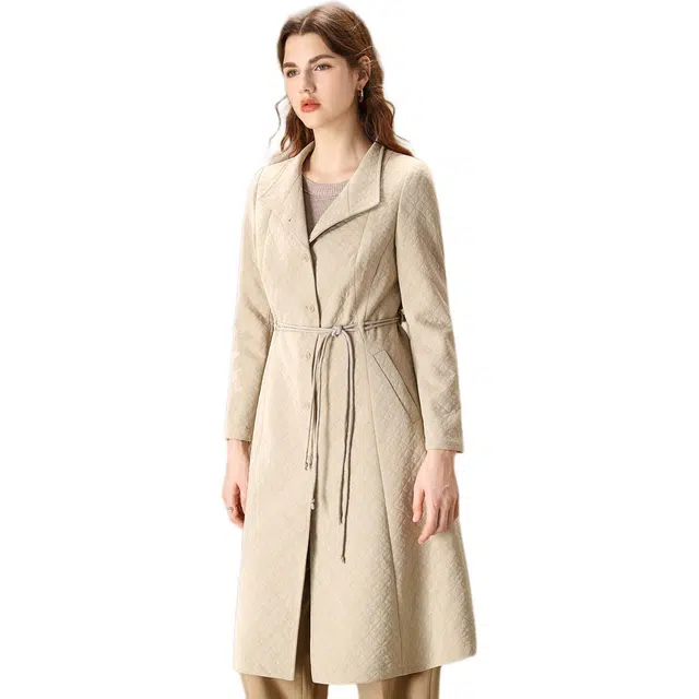 粉红玛琍 简约立领长袖纯色风衣 女款 米色