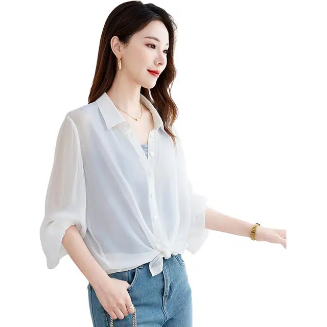 水墨佳人 纯色宽松翻领长袖衬衫 女款