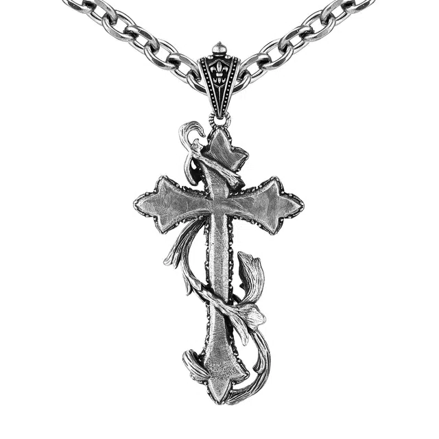 【可定制刻字】 白木黑冰 橡果卷草舒花十字架 潮流时尚新中式小众高级感 银合金 项链 男款 礼盒