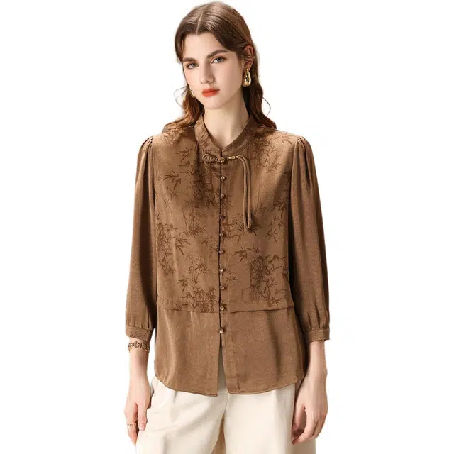 粉红玛琍 新中式立领七分袖衬衫 女款 咖色