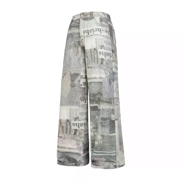 木清清 美式设计感报纸印花阔腿复古宽松显瘦牛仔裤 女款