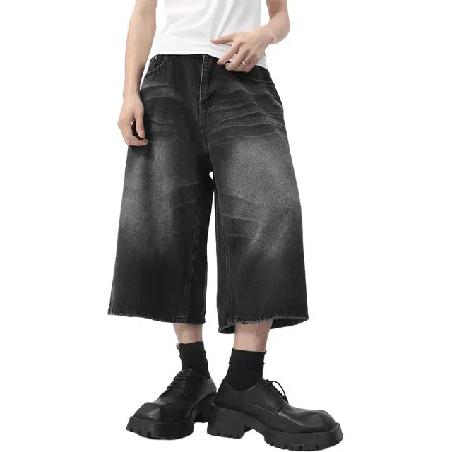 黑马漫画 薄款美式复古高街阔腿垂坠感夏季七分牛仔短裤 男女同款