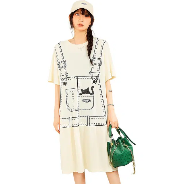 木果果木 学院风减龄小众设计宽松中长款短袖连衣裙 女款