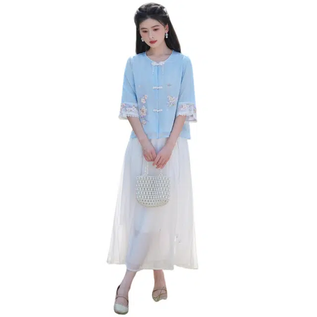 丝絮丝绸 新中式国风改良茶服仙气短袖复古文艺半身裙夏季裙装套装 女款