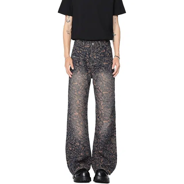 大白鲨 美式复古满印提花裤男款春秋季高街裤子炸街潮牌微喇牛仔裤 男女同款