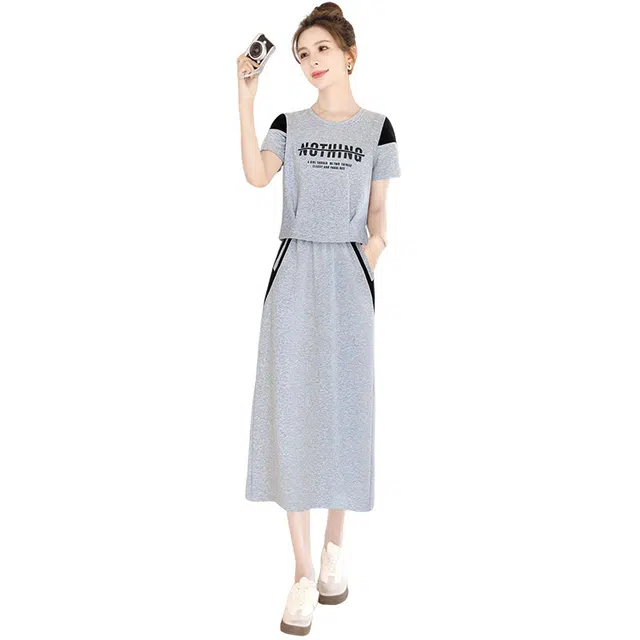 丝柏舍 撞色运动休闲两件套短款字母图案短袖上衣搭直筒开叉半身裙裙装套装 女款