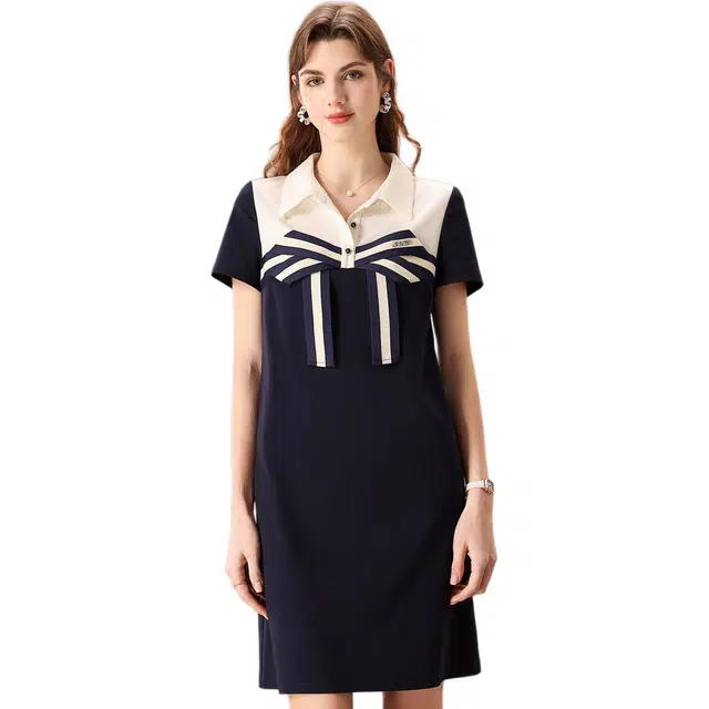 粉红玛琍 拼色高腰薄款短袖连衣裙 女款 藏蓝