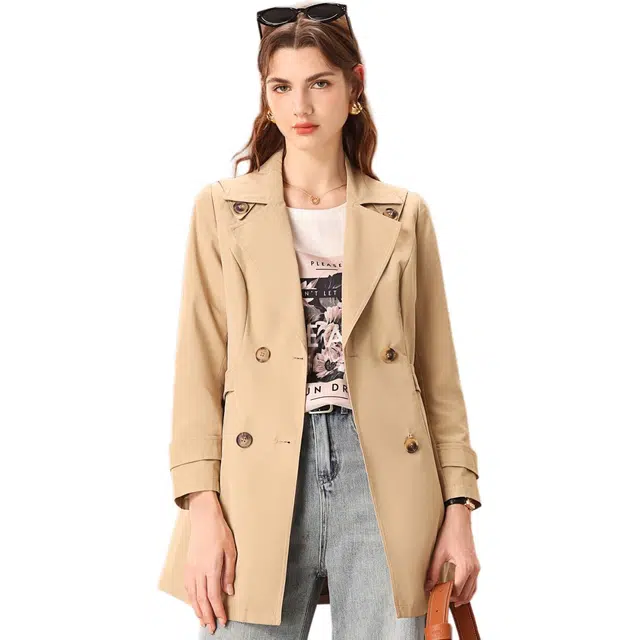 粉红玛琍 纯色西装领双排扣短款长袖风衣 女款 卡其