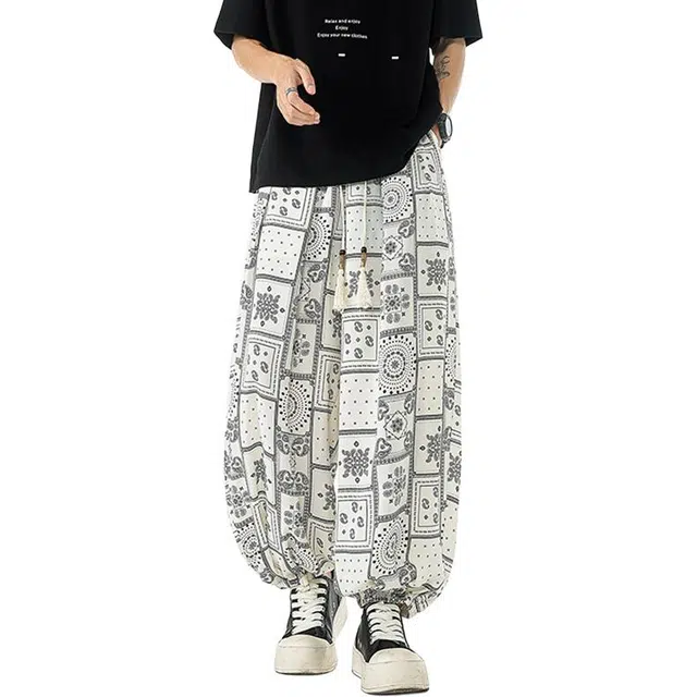 佐菲利 复古印花阔腿裤夏季薄款高腰宽松显瘦垂感裤子休闲裤 男女同款