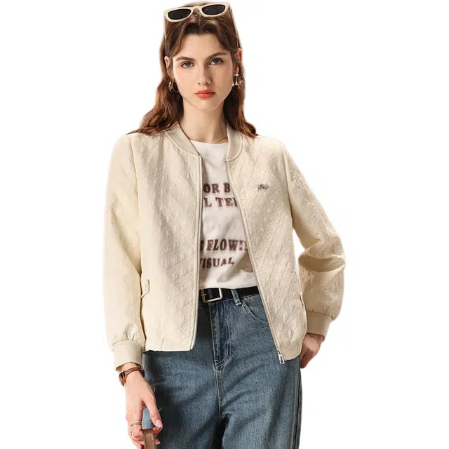 粉红玛琍 纯色宽松长袖棒球服 女款 米白