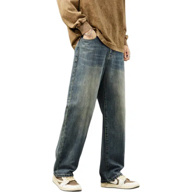瑞梵帝斯 美式水波纹嘻哈复古直筒做旧高街风水洗简约舒适透气亲肤休闲日常百搭垂感中腰牛仔裤 男款
