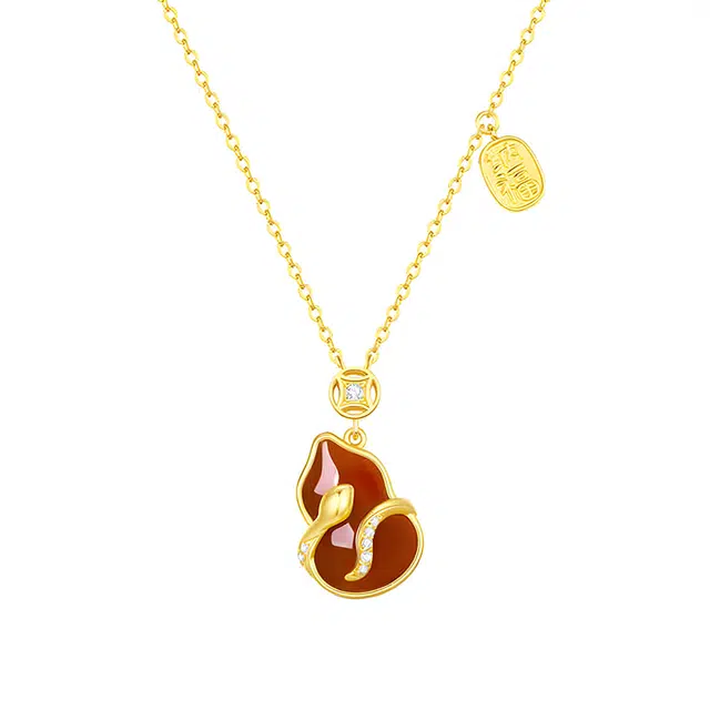 金大福 【蛇年大吉】福禄锁骨链 新中式国潮十二生肖本命年蛇 时来运转招财纳福  葫芦钱币纳福#好运 玉髓 项链 女款