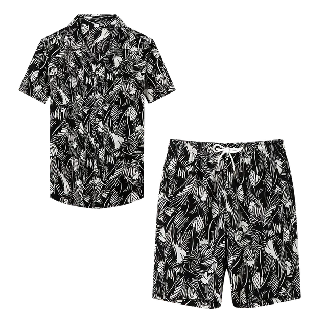太子龍 品牌男装夏季高端男士时尚套装桑蚕丝休闲印花短袖短裤潮流两件套衬衫 男款