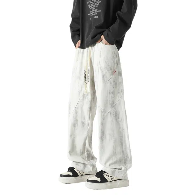 敦煌博物馆 美式潮流拼接设计系带扎染渐变直筒日常通勤宽松百搭休闲裤 男女同款