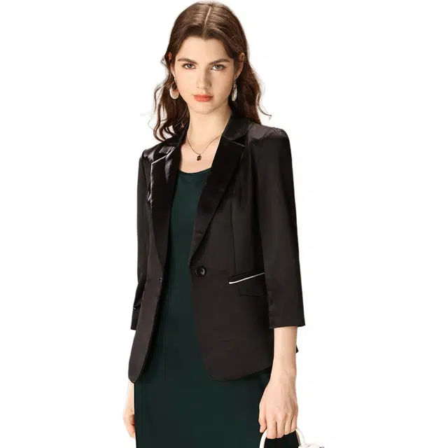 粉红玛琍 纯色一粒扣七分袖西装 女款 黑色