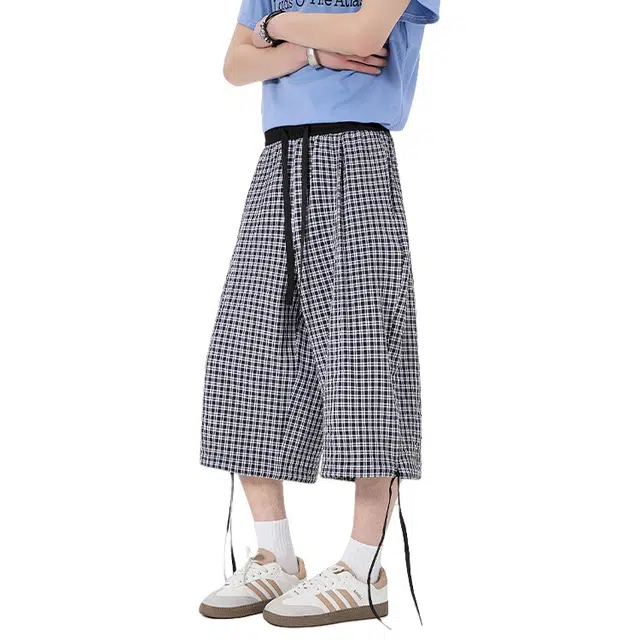 宾力克 美式复古格子棋盘格抽绳系带设计时尚潮流学院风日常通勤百搭宽松舒适七分休闲短裤 男女同款