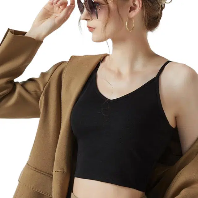 善己 后背露背露脐短款修身带胸垫纯色打底外穿内搭美背吊带 女款