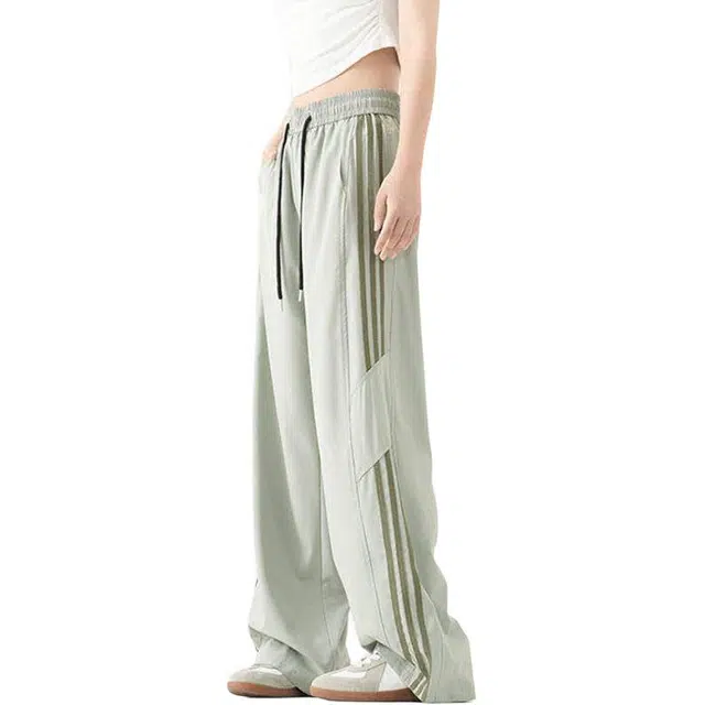 单爵 三条杠条纹冰丝裤子薄款青少年运动裤直筒宽松美式夏休闲裤 男女同款