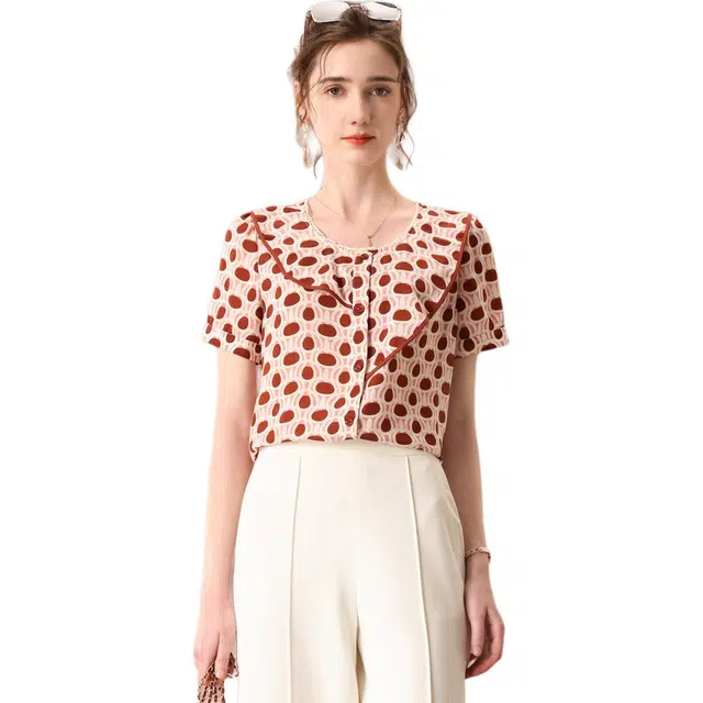 粉红玛琍 宽松套头薄款短袖衬衫 女款 粉色