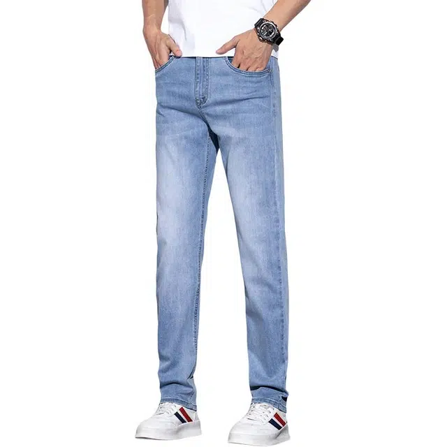 顶峰保罗 凉感薄款透气水洗做旧直筒长裤无性别主义潮流修身百搭大码休闲舒适显瘦牛仔裤 男女同款