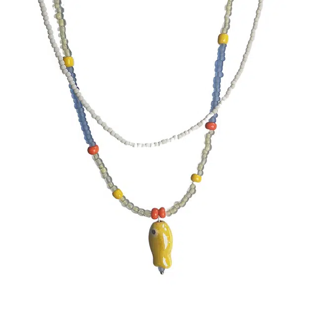 克兰茜 小众可爱甜美鱼儿高级感个性锁骨链 轻奢双层叠戴链 陶瓷米珠 项链 女款 黄色/蓝色/白色