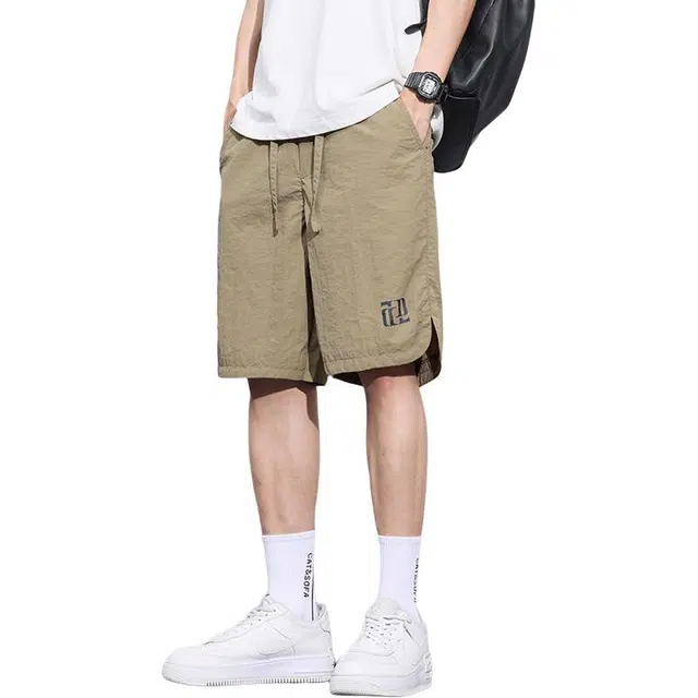 顶峰保罗 冰丝薄款速干纯色印花工装五分裤潮流美式宽松凉感透气直筒百搭大码休闲短裤 男女同款