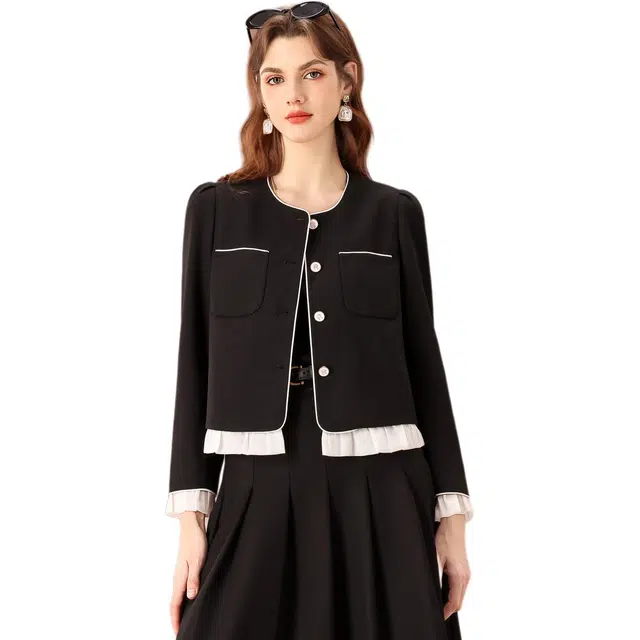 粉红玛琍 法式小香风可拆卸木耳边单排扣长袖夹克外套 女款 黑色
