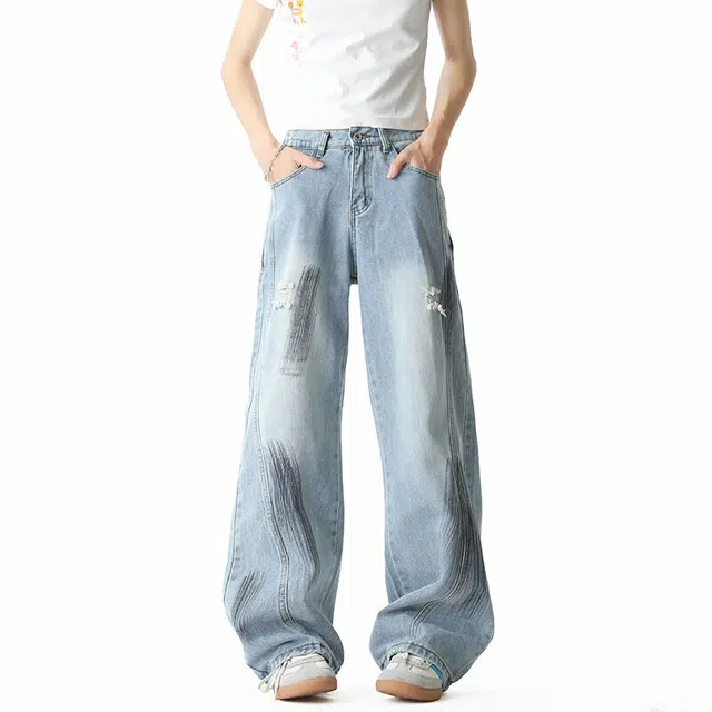 大白鲨 美式破洞薄款阔腿高街痞帅直筒微喇裤牛仔裤 男女同款