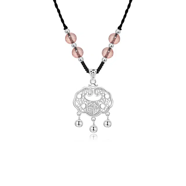 【S999足银纯银】六桂福 平安锁平安扣新中式长命锁吊坠 镂空花丝福字国潮转运招财纳福百搭气质手工编绳 福韵金 好运 玛瑙 礼盒项链 女款